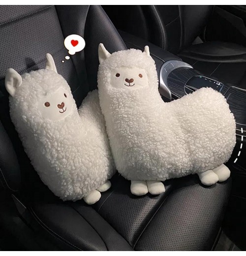 1pc Sheep Shaped Plush Doll, Car Headrest Backrest Cartoon Alpaca For Winter, Car Accessories